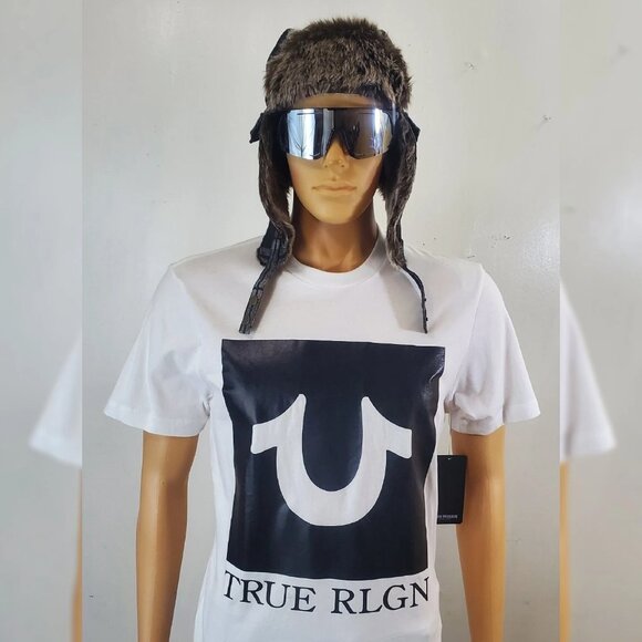 TRUE RELIGION DENIM FAUX FUR TRAPPER AVIATOR HAT STITCHED HORSESHOE LOGO POCKET - Picture 6 of 6